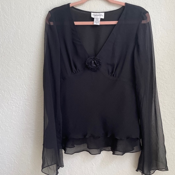 Vintage Whimsygoth Black Rosette Sheer Long Sleeve Top Size 12 - Picture 1 of 7